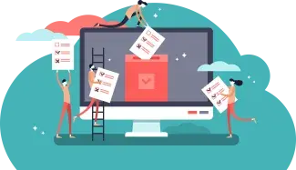 Concept de vote en ligne pour des personnes, illustration d'arrière-plan plate et transparente avec écran d'ordinateur, boîte de vote et électeurs prenant des décisions.